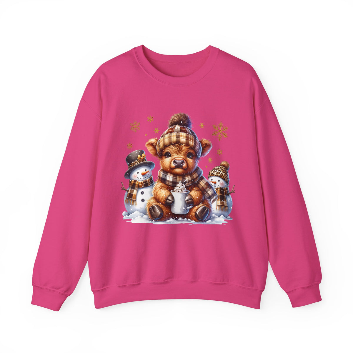 Cute Highland Cow with Snowmen, Winter – Gildan Heavy Blend | Trendy Women’s Soft Sweatshirt. Direct to Garment. Printed & Shipped in the USA. Unisex Sizes.
