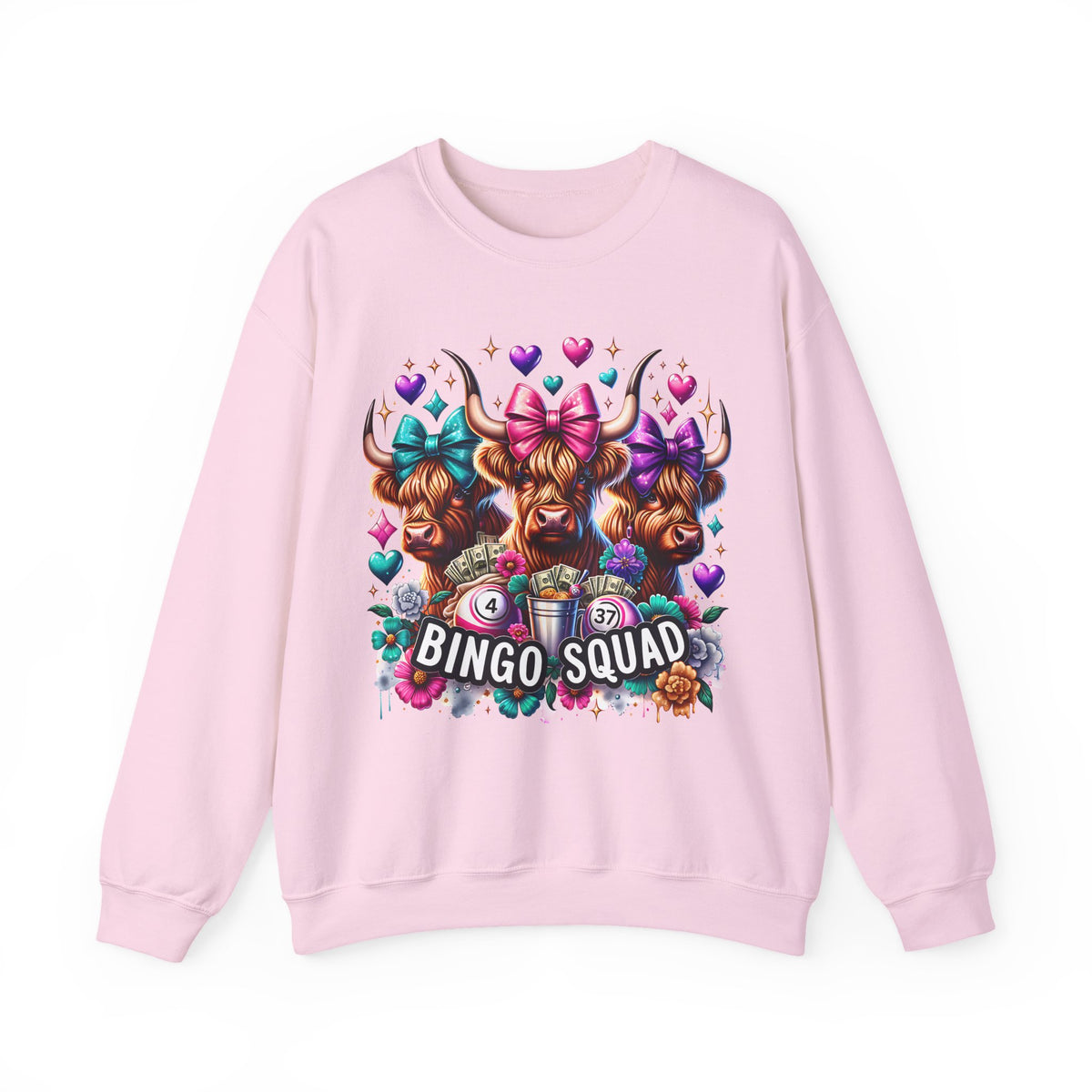 Cute Highland Cows Bingo Squad – Gildan Heavy Blend | Trendy Women’s Soft Sweatshirt. Direct to Garment. Printed & Shipped in the USA. Unisex Sizes.