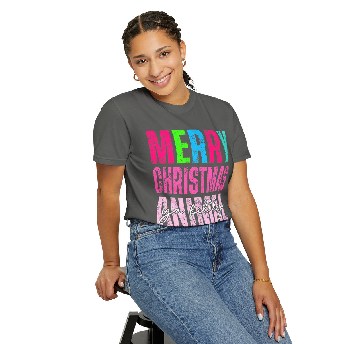 Merry Christmas Ya Filthy Animal - Comfort Colors | Trendy Women's T-Shirt. Direct to Garment. Printed & Shipped in the USA. Unisex Sizes.