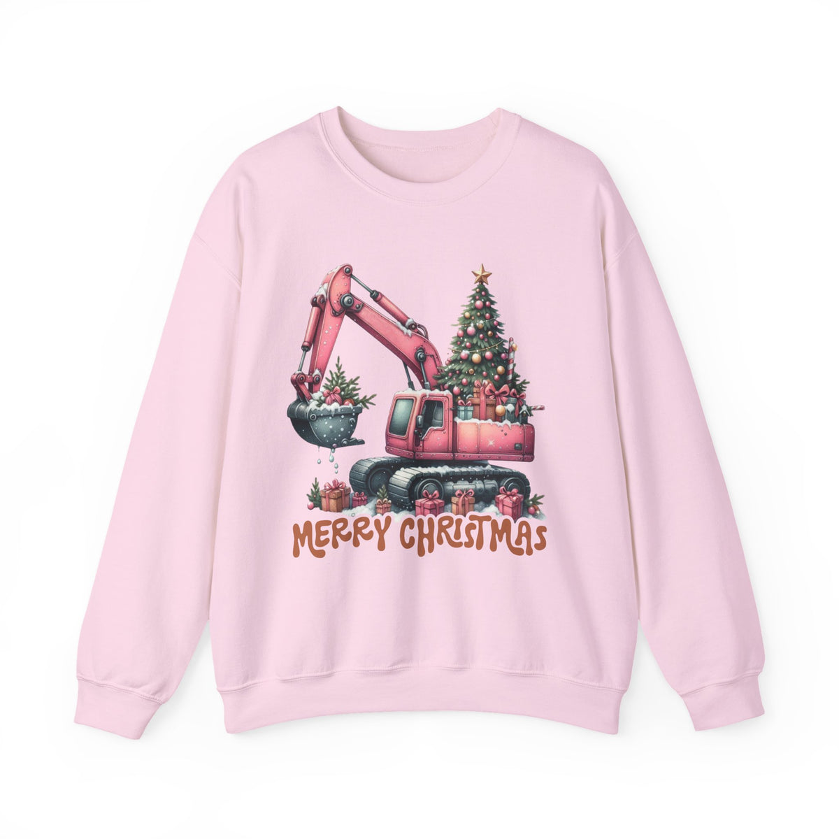 Excavator Merry Christmas Construction – Gildan Heavy Blend | Trendy Women’s Soft Sweatshirt. Direct to Garment. Printed & Shipped in the USA. Unisex Sizes.