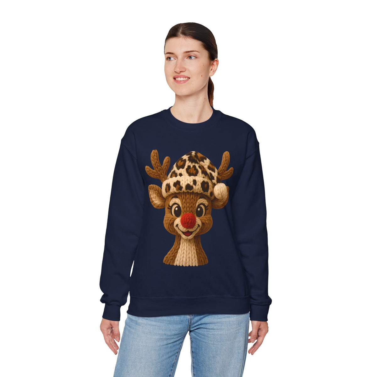 Rudolph Reindeer Leopard Santa Hat Christmas – Gildan Heavy Blend | Trendy Women’s Soft Sweatshirt. Direct to Garment. Printed & Shipped in the USA. Unisex Sizes.