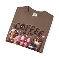Coffee Is My Soul Food, Iced Coffee, Pink Bow - Comfort Colors | Trendy Women's T-Shirt. Direct to Garment. Printed & Shipped in the USA. Unisex Sizes.