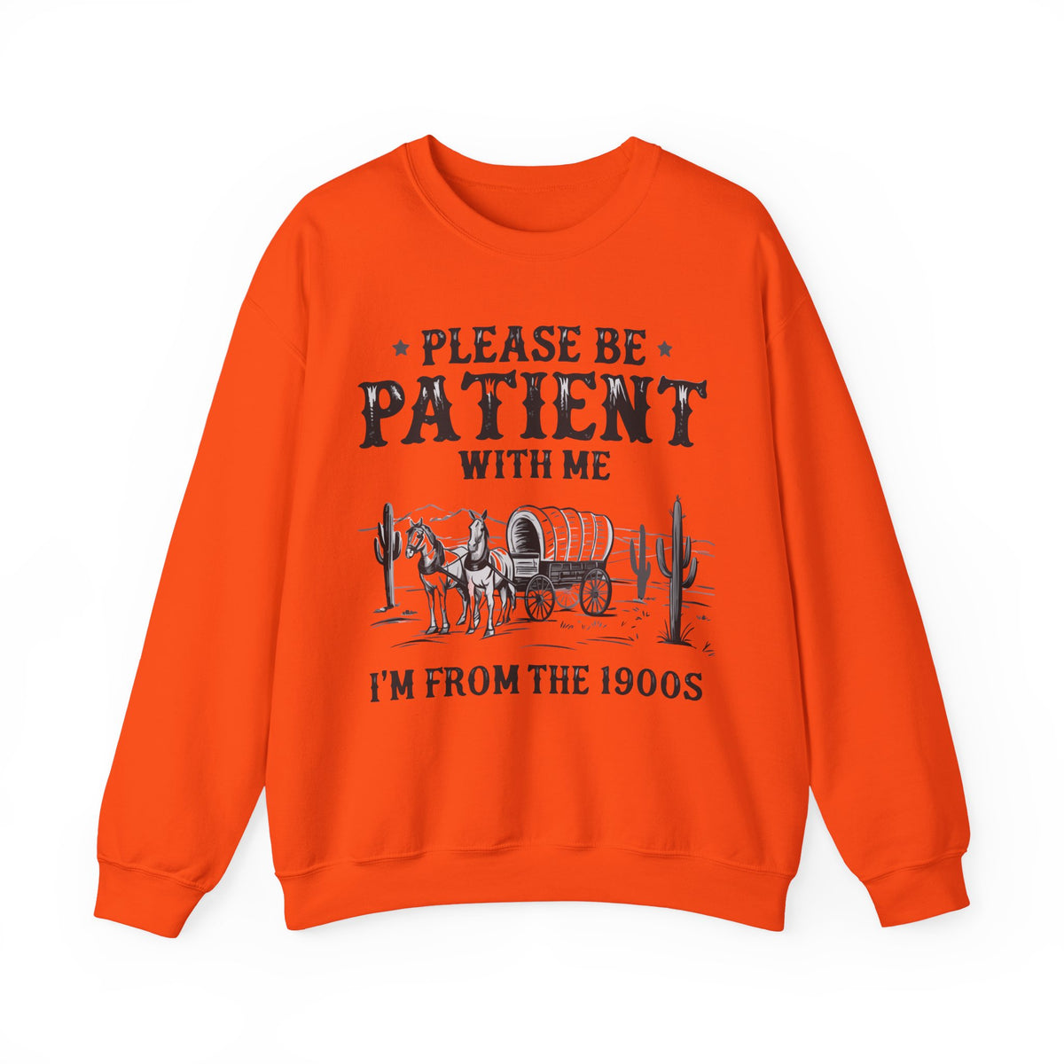 Please Be Patient, 1900's Vintage – Gildan Heavy Blend | Trendy Women’s and Men's Soft Sweatshirt. Direct to Garment. Printed & Shipped in the USA. Unisex Sizes.