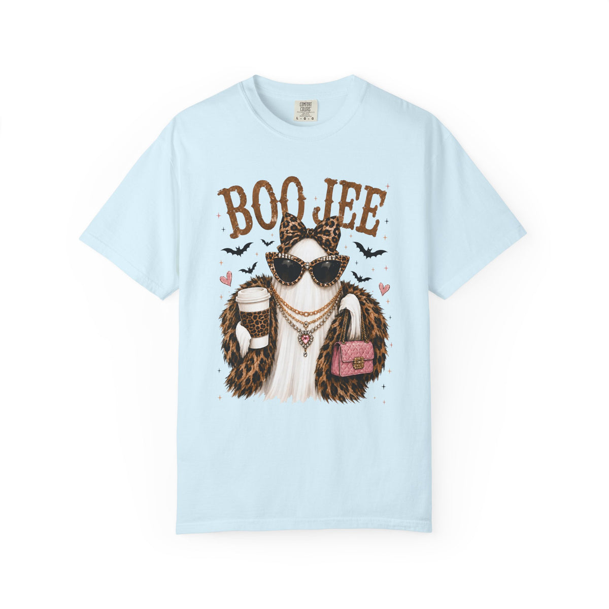 BooJee Ghost with Coffee - Halloween - Comfort Colors | Trendy Women's T-Shirt. Direct to Garment. Printed & Shipped in the USA. Unisex Sizes.