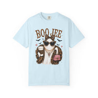 BooJee Ghost with Coffee - Halloween - Comfort Colors | Trendy Women's T-Shirt. Direct to Garment. Printed & Shipped in the USA. Unisex Sizes.