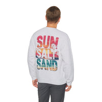 Sun Salt Sand, Beach Sunset - Front & Back Print – Gildan Heavy Blend | Trendy Women’s and Men's Soft Sweatshirt. Direct to Garment. Printed & Shipped in the USA. Unisex Sizes.