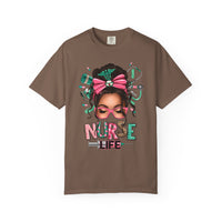 Nurse Life Messy Bun, Cute Stethoscope & Syringe - Comfort Colors | Trendy Women's T-Shirt. Direct to Garment. Printed & Shipped in the USA. Unisex Sizes.