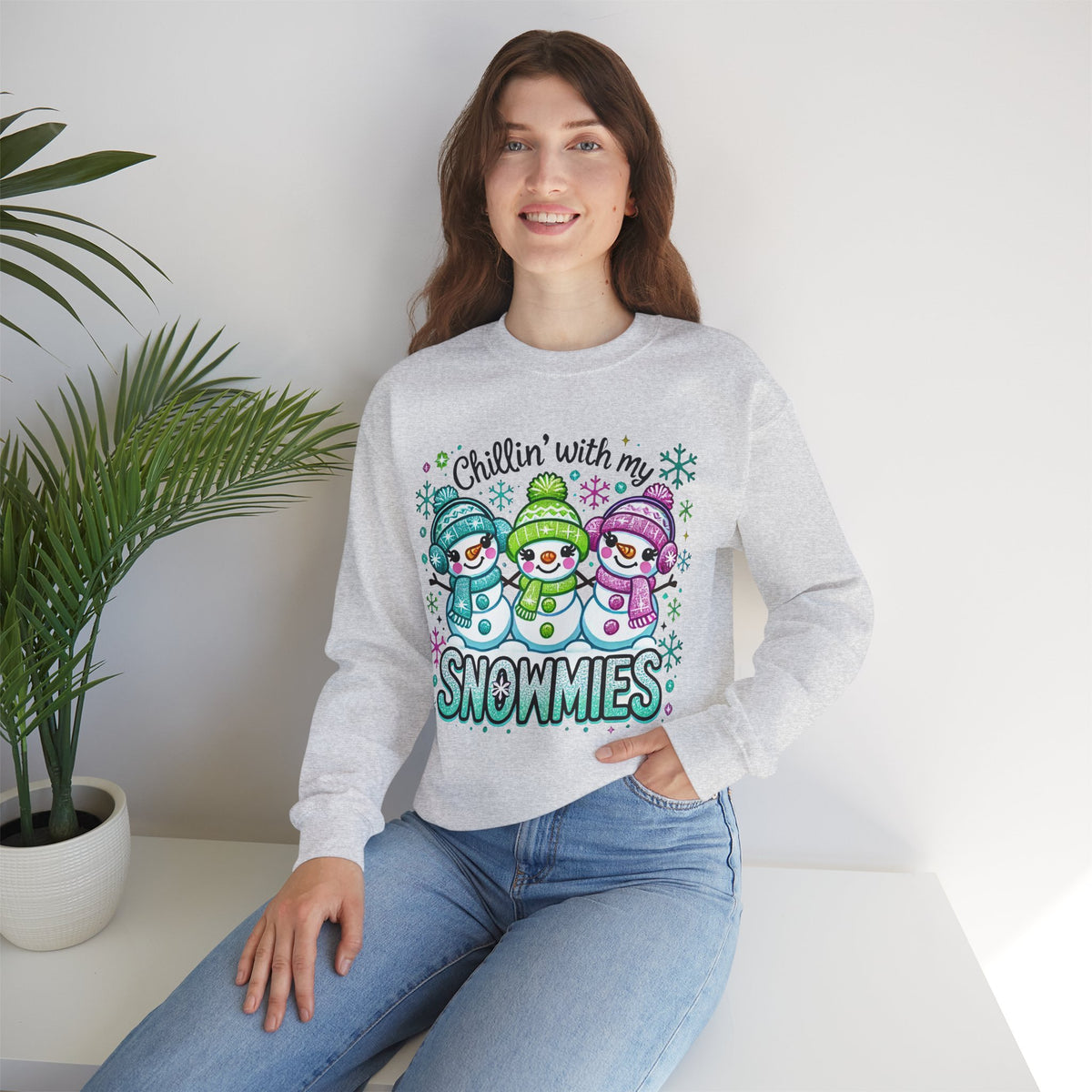 Chillin' With My Snowmies, Winter Snowman – Gildan Heavy Blend | Trendy Women’s Soft Sweatshirt. Direct to Garment. Printed & Shipped in the USA. Unisex Sizes.