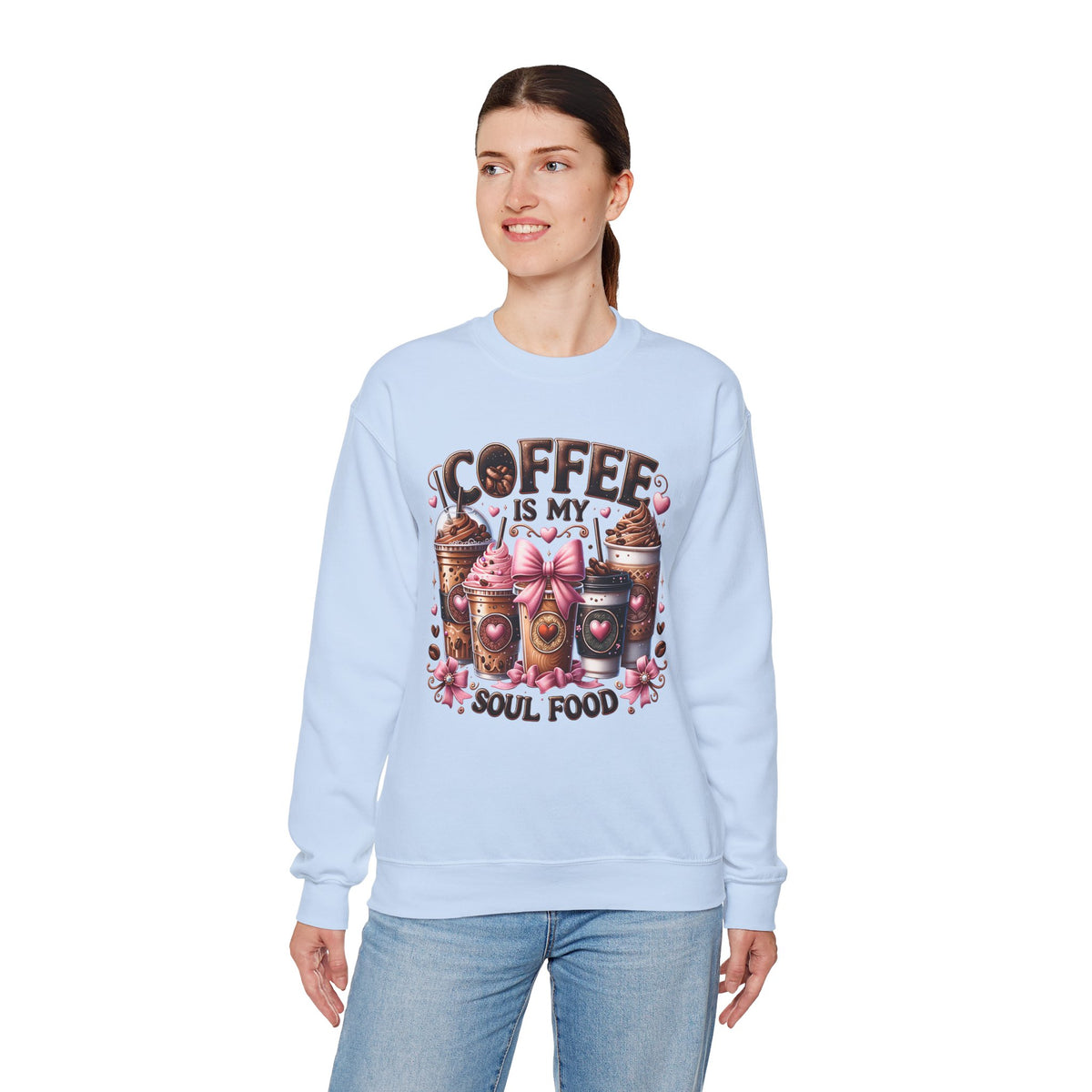 Coffee Is My Soul Food, Iced Coffee, Pink Bow – Gildan Heavy Blend | Trendy Women’s Soft Sweatshirt. Direct to Garment. Printed & Shipped in the USA. Unisex Sizes.