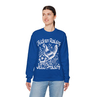 Chicken Raising and Jesus Praising – Gildan Heavy Blend | Trendy Men's and Women’s Soft Sweatshirt. Direct to Garment. Printed & Shipped in the USA. Unisex Sizes.