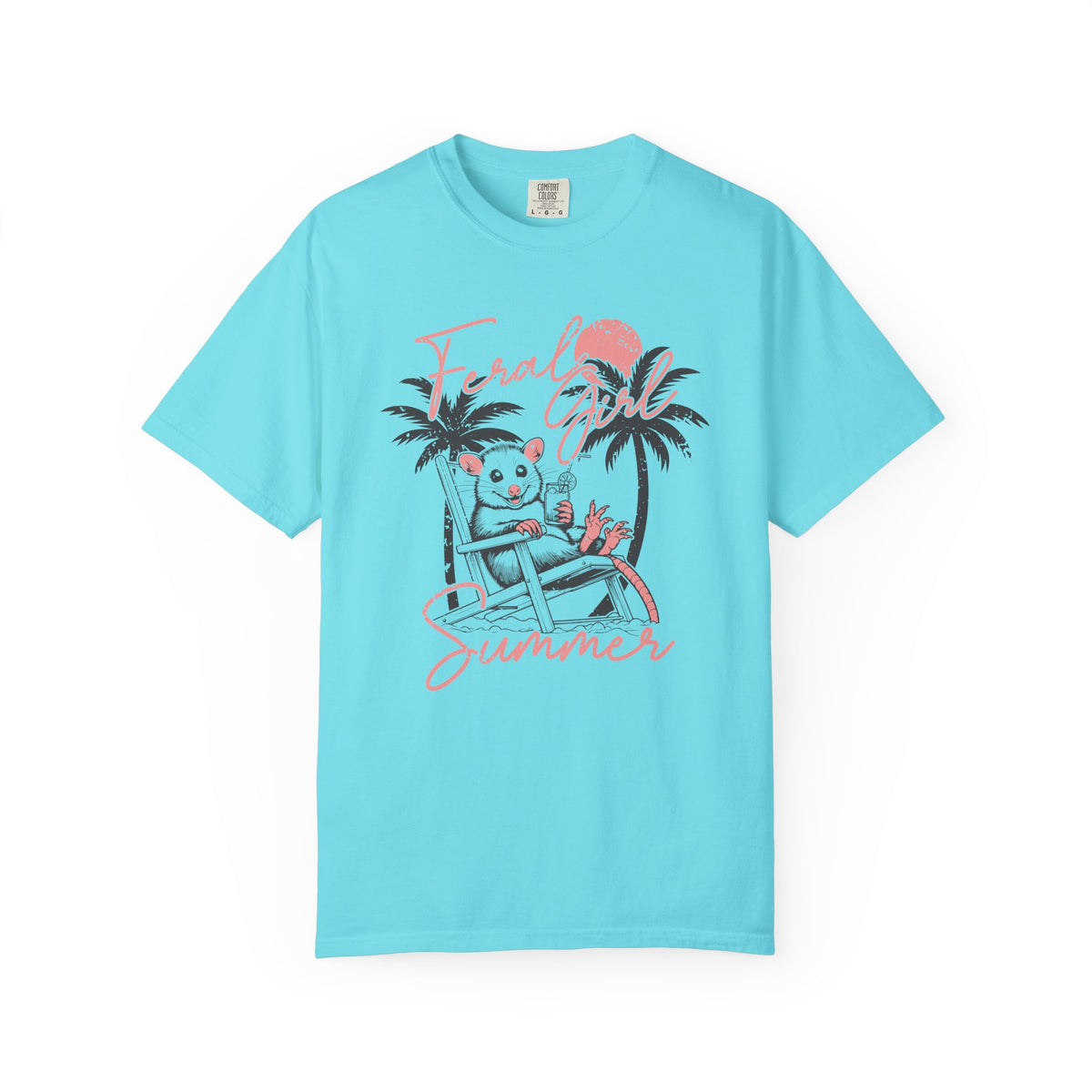 Feral Girl Summer, Possum on a Beach - Comfort Colors | Trendy Women's T-Shirt. Direct to Garment. Printed & Shipped in the USA. Unisex Sizes.
