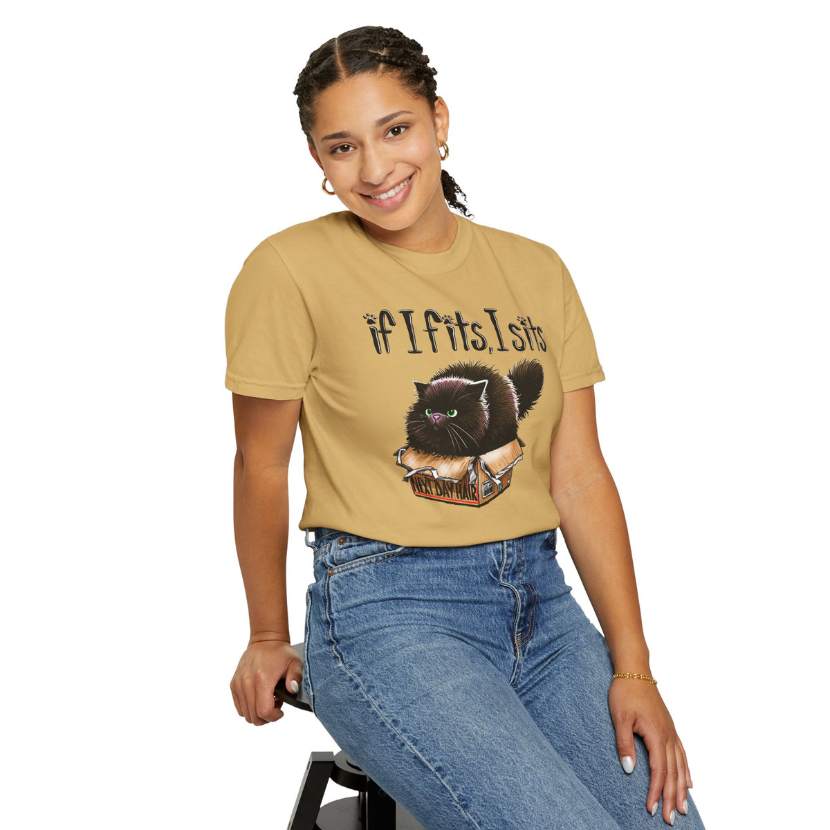 If I Fits I Sits, Cat in a Box - Comfort Colors | Trendy Women's and Men's T-Shirt. Direct to Garment. Printed & Shipped in the USA. Unisex Sizes.