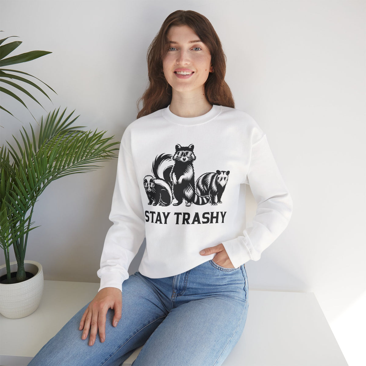 Stay Trashy, Skunk Raccoon Possum – Gildan Heavy Blend | Trendy Women’s and Men's Soft Sweatshirt. Direct to Garment. Printed & Shipped in the USA. Unisex Sizes.