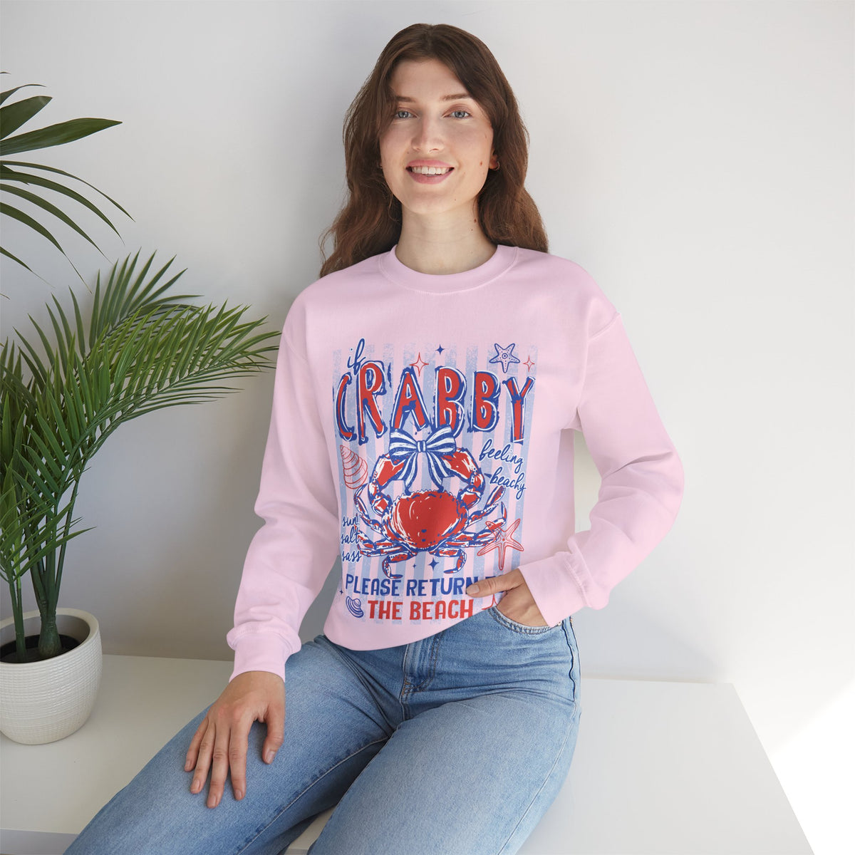If Crabby, Please Return to Beach – Gildan Heavy Blend | Trendy Men's & Women’s Soft Sweatshirt. Direct to Garment. Printed & Shipped in the USA. Unisex Sizes.