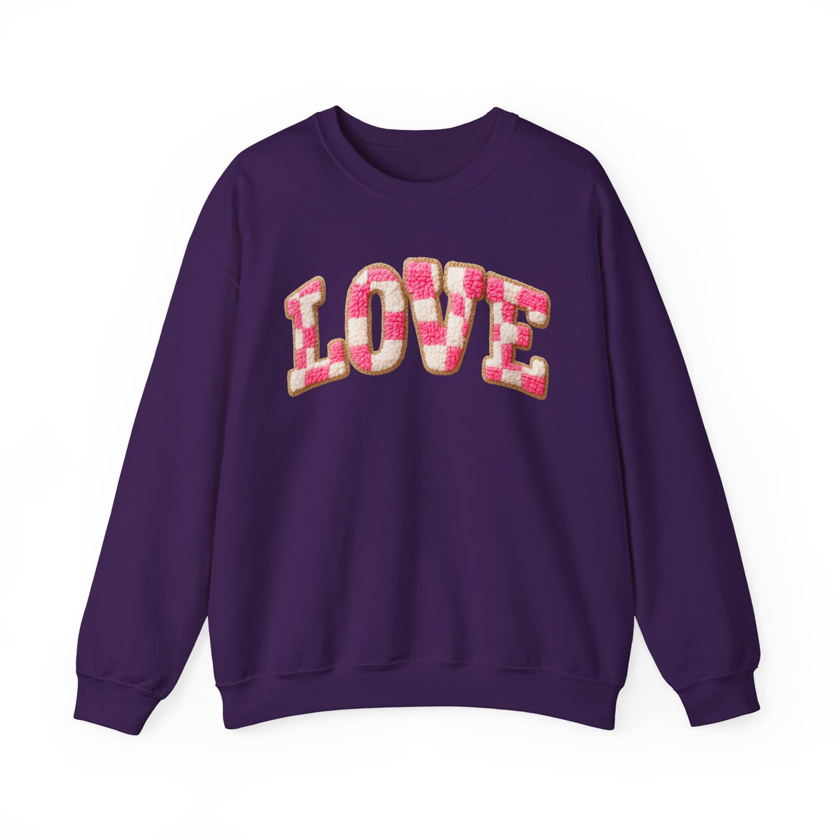 Faux Crochet Checkered LOVE – Gildan Heavy Blend | Trendy Women’s Soft Sweatshirt. Direct to Garment. Printed & Shipped in the USA. Unisex Sizes.