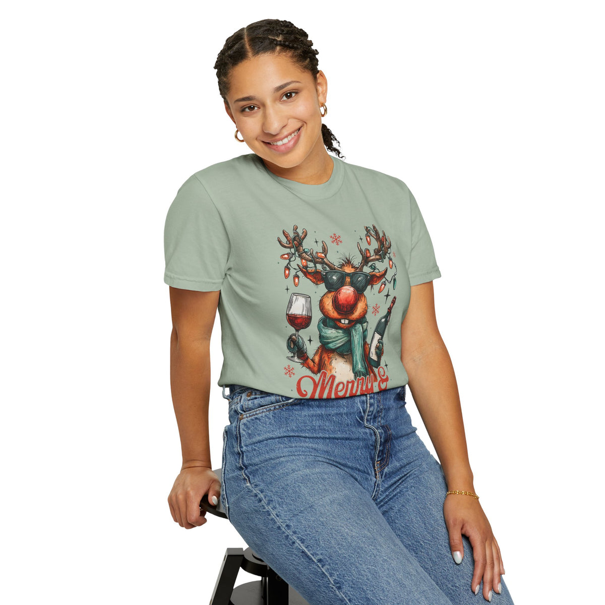 Merry & Mischievous Reindeer - Comfort Colors | Trendy Women's and Men's T-Shirt. Direct to Garment. Printed & Shipped in the USA. Unisex Sizes.