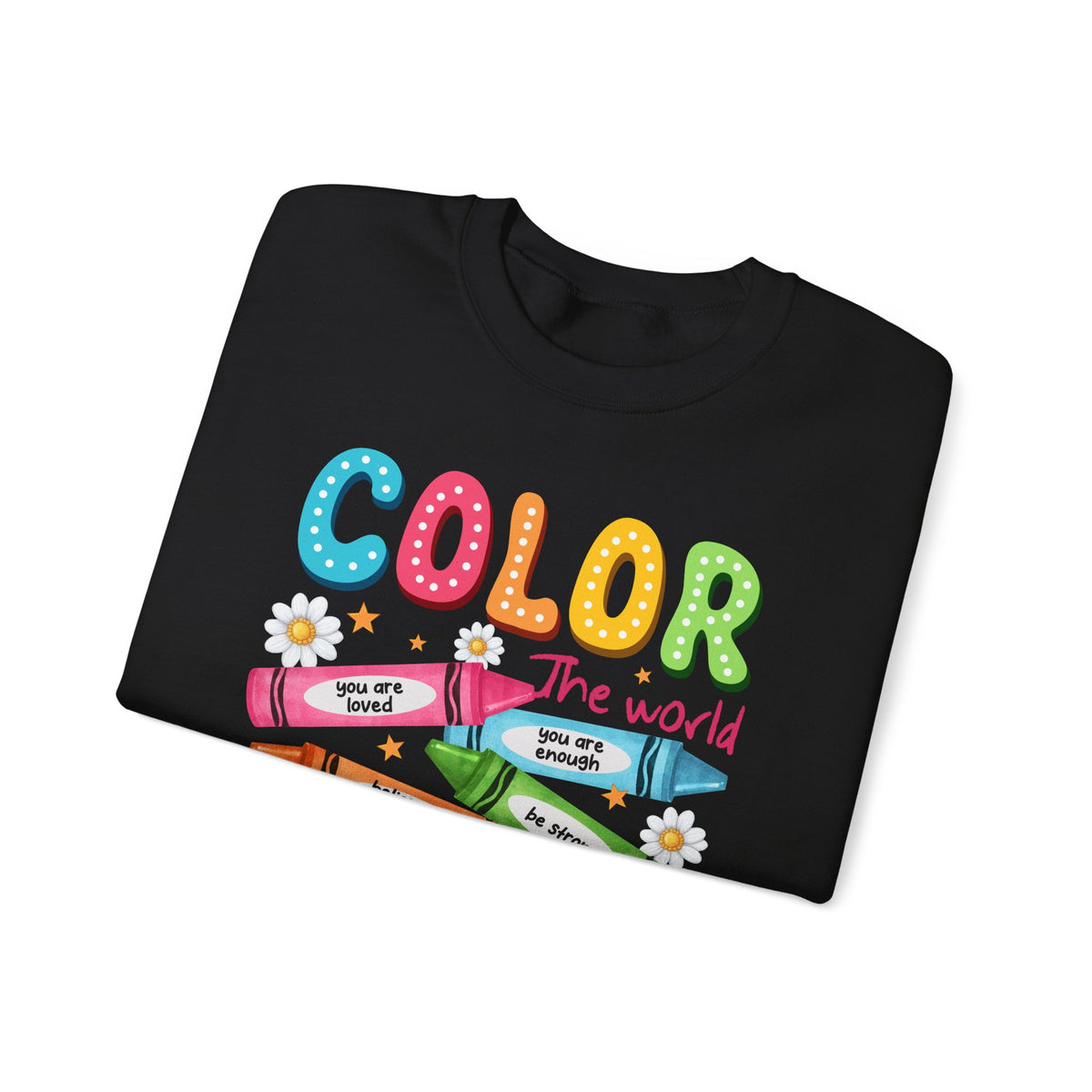 Color the World With Kindness Crayons, Great Teacher Gift – Gildan Heavy Blend | Trendy Women’s and Men's Soft Sweatshirt. Direct to Garment. Printed & Shipped in the USA. Unisex Sizes.