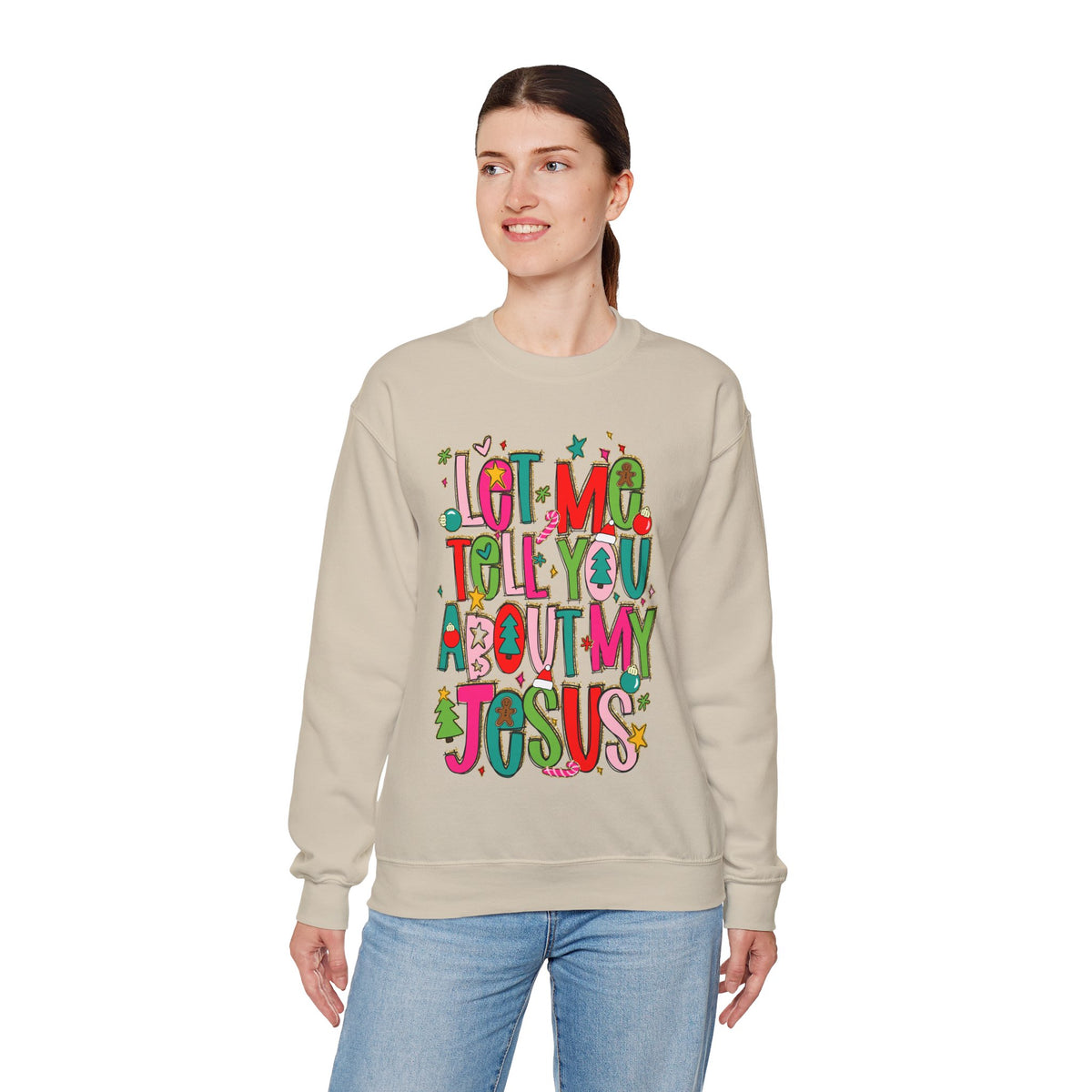 Let Me Tell You About My Jesus - Christmas Faith – Gildan Heavy Blend | Trendy Women’s Soft Sweatshirt. Direct to Garment. Printed & Shipped in the USA. Unisex Sizes.