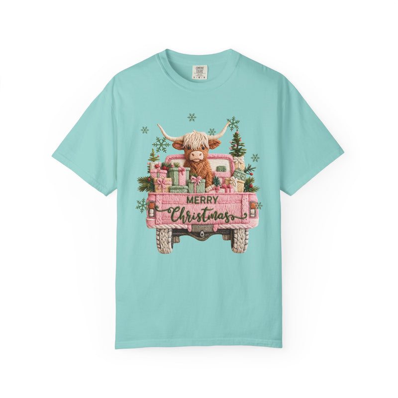 Highland Cow in Pink Truck Merry Christmas Holiday Farmhouse - Comfort Colors | Trendy Women's T-Shirt. Direct to Garment. Printed & Shipped in the USA. Unisex Sizes.