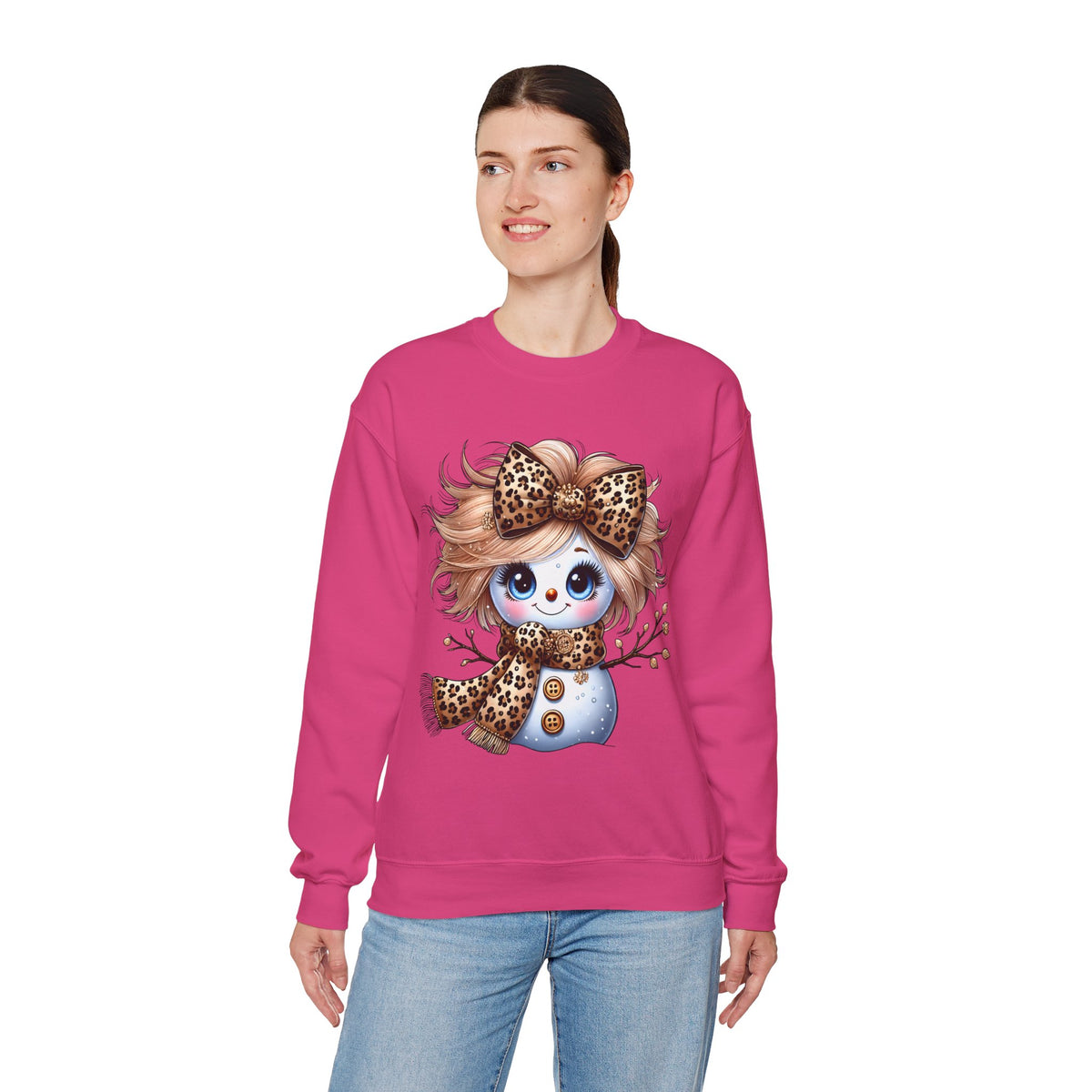 Snowgirl Cute Leopard Bow Snowman, Winter Cozy – Gildan Heavy Blend | Trendy Women’s Soft Sweatshirt. Direct to Garment. Printed & Shipped in the USA. Unisex Sizes.