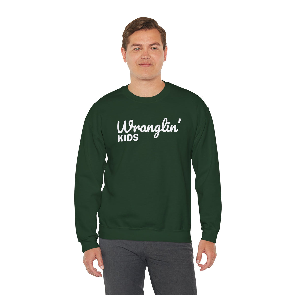 Wranglin' Kids Funny Mom Dad – Gildan Heavy Blend | Trendy Women’s and Men's Soft Sweatshirt. Direct to Garment. Printed & Shipped in the USA. Unisex Sizes.