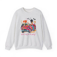 Witch Way to the Party? – Gildan Heavy Blend | Trendy Women’s Soft Sweatshirt. Direct to Garment. Printed & Shipped in the USA. Unisex Sizes.