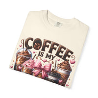 Coffee Is My Soul Food, Iced Coffee, Pink Bow - Comfort Colors | Trendy Women's T-Shirt. Direct to Garment. Printed & Shipped in the USA. Unisex Sizes.