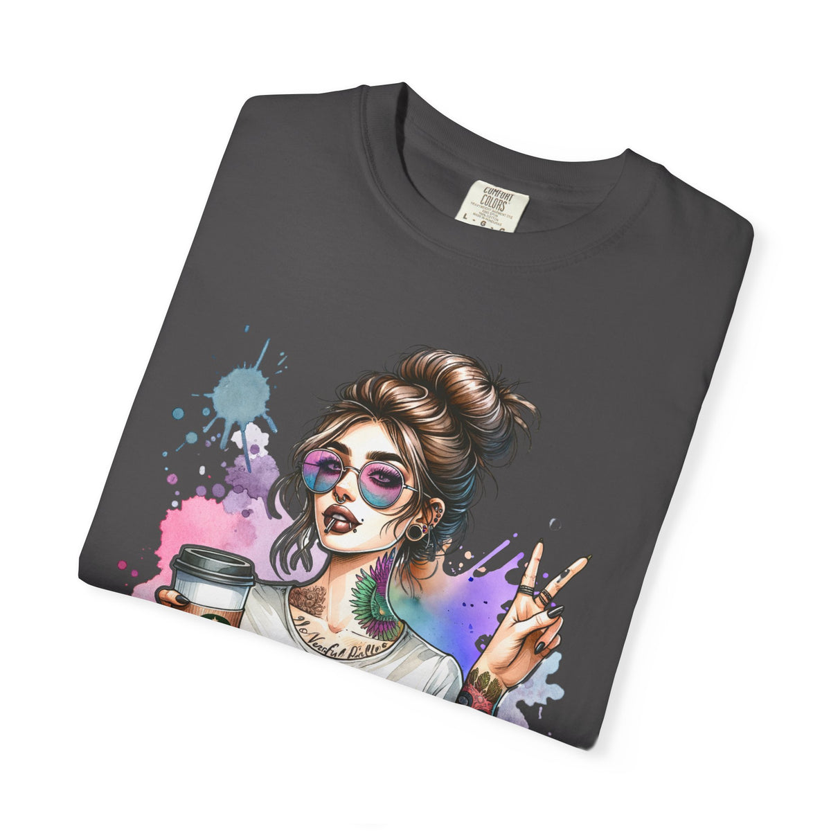 Cool Mombie with Coffee Peace Tattoo - Comfort Colors | Trendy Women's T-Shirt. Direct to Garment. Printed & Shipped in the USA. Unisex Sizes.