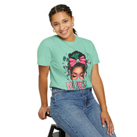 Nurse Life Messy Bun, Cute Stethoscope & Syringe - Comfort Colors | Trendy Women's T-Shirt. Direct to Garment. Printed & Shipped in the USA. Unisex Sizes.