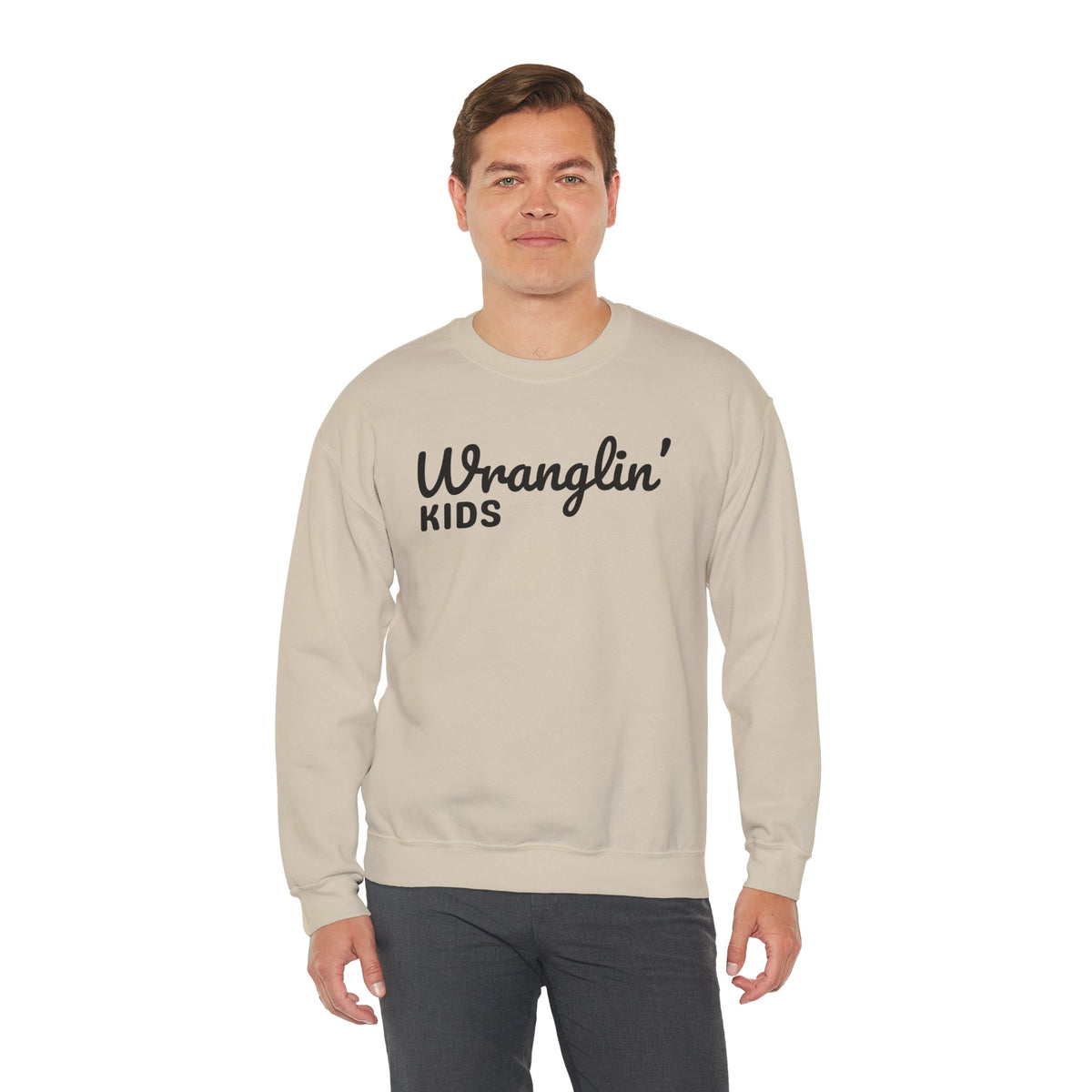 Wranglin' Kids Funny Mom Dad – Gildan Heavy Blend | Trendy Women’s and Men's Soft Sweatshirt. Direct to Garment. Printed & Shipped in the USA. Unisex Sizes.