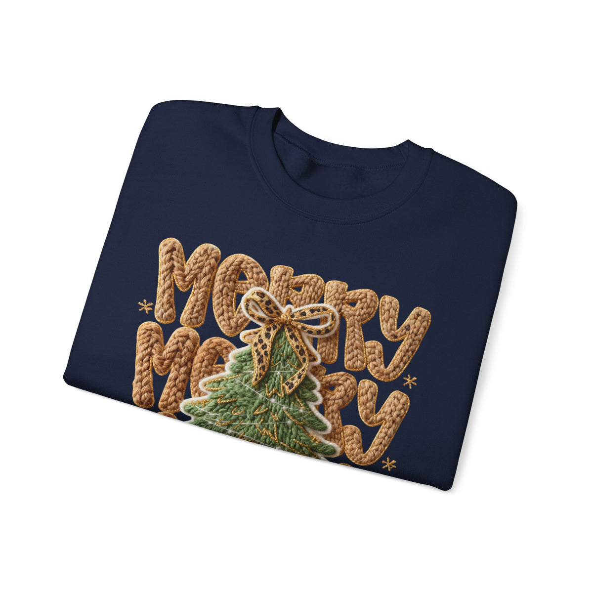 Merry Merry Merry Christmas, Faux Latch Hook Yarn – Gildan Heavy Blend | Trendy Women’s Soft Sweatshirt. Direct to Garment. Printed & Shipped in the USA. Unisex Sizes.