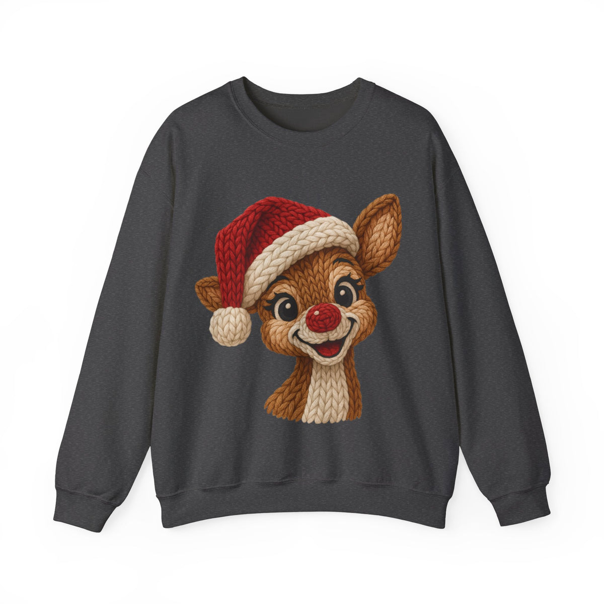 Cute Rudolph Faux Knit Look Reindeer w/Santa Hat – Gildan Heavy Blend | Trendy Women’s Soft Sweatshirt. Direct to Garment. Printed & Shipped in the USA. Unisex Sizes.