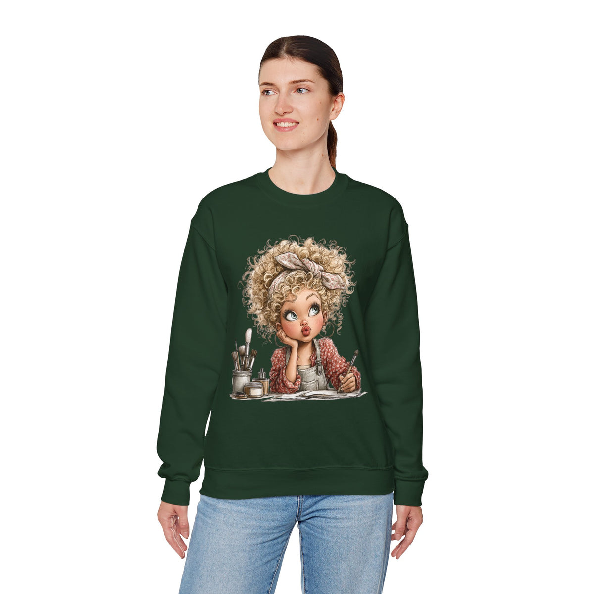 Cute Artist Curly Girl – Gildan Heavy Blend | Trendy Women’s Soft Sweatshirt. Direct to Garment. Printed & Shipped in the USA. Unisex Sizes.