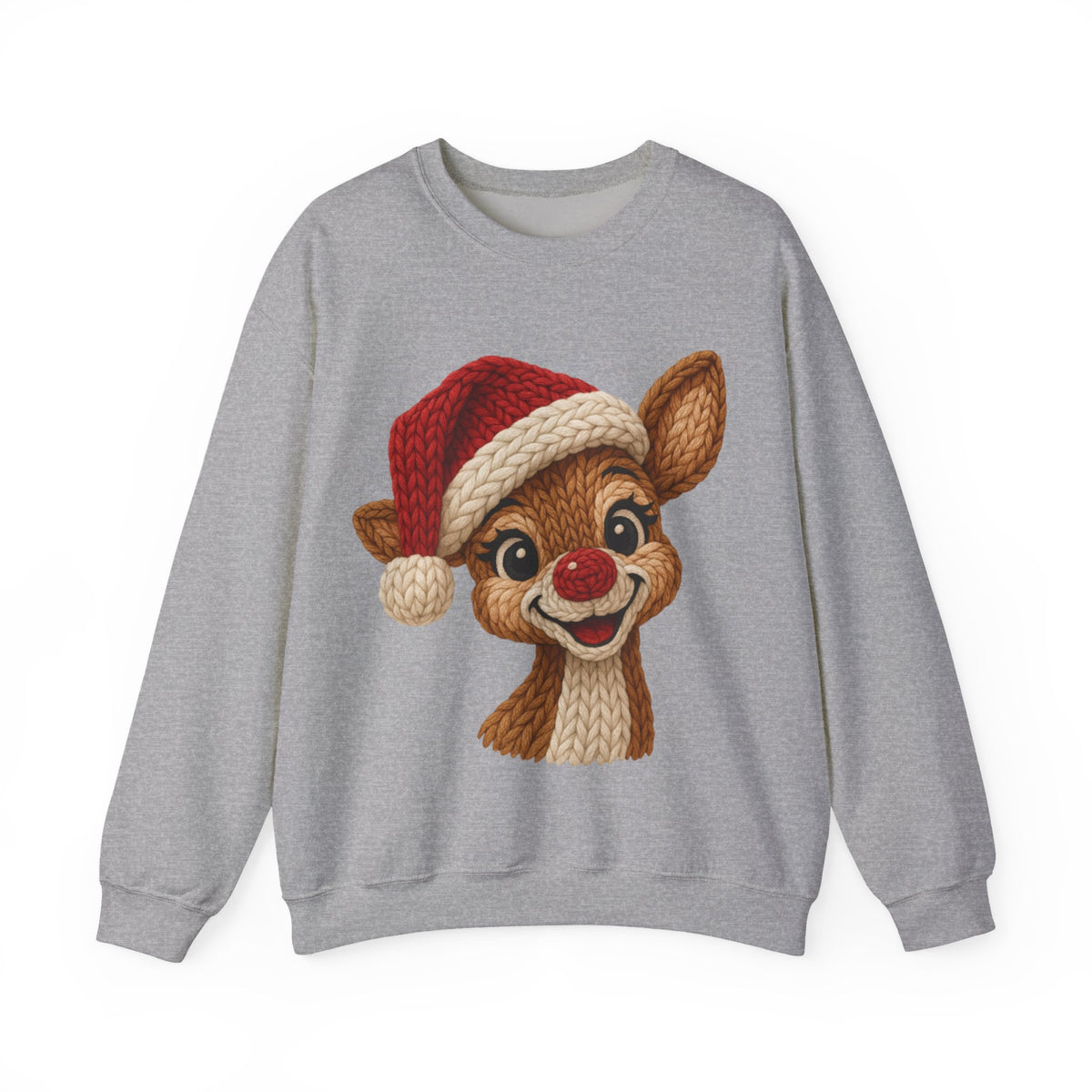 Cute Rudolph Faux Knit Look Reindeer w/Santa Hat – Gildan Heavy Blend | Trendy Women’s Soft Sweatshirt. Direct to Garment. Printed & Shipped in the USA. Unisex Sizes.