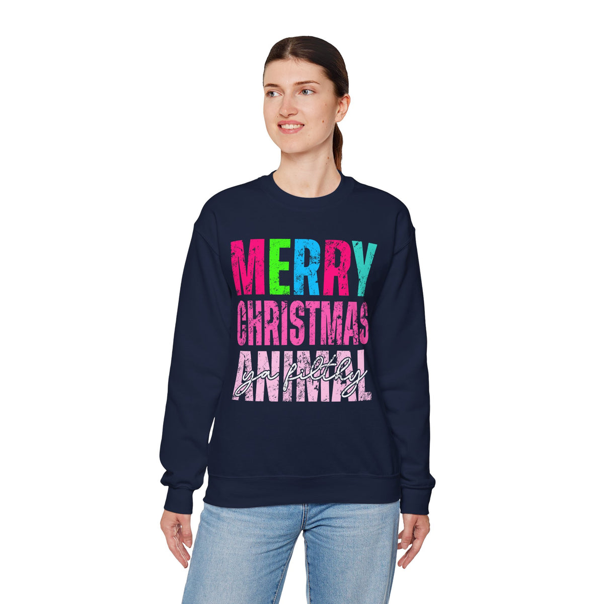 Merry Christmas Ya Filthy Animal – Gildan Heavy Blend | Trendy Women’s Soft Sweatshirt. Direct to Garment. Printed & Shipped in the USA. Unisex Sizes.