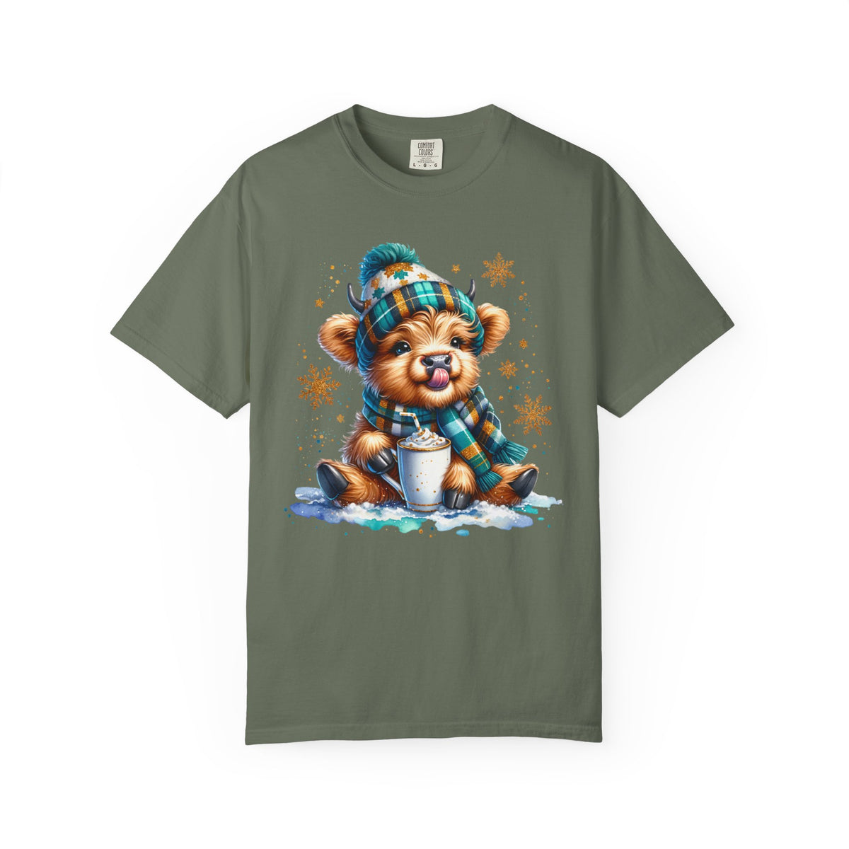 Winter Baby Highland Cow with Cocoa  - Comfort Colors | Trendy Women's T-Shirt. Direct to Garment. Printed & Shipped in the USA. Unisex Sizes.