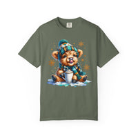 Winter Baby Highland Cow with Cocoa  - Comfort Colors | Trendy Women's T-Shirt. Direct to Garment. Printed & Shipped in the USA. Unisex Sizes.