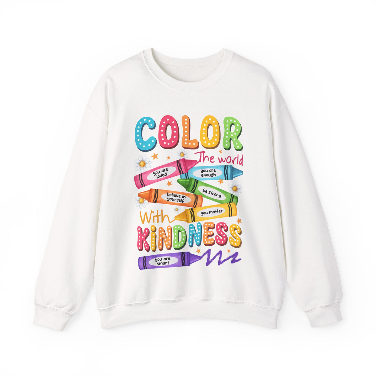 Color the World With Kindness Crayons, Great Teacher Gift – Gildan Heavy Blend | Trendy Women’s and Men's Soft Sweatshirt. Direct to Garment. Printed & Shipped in the USA. Unisex Sizes.