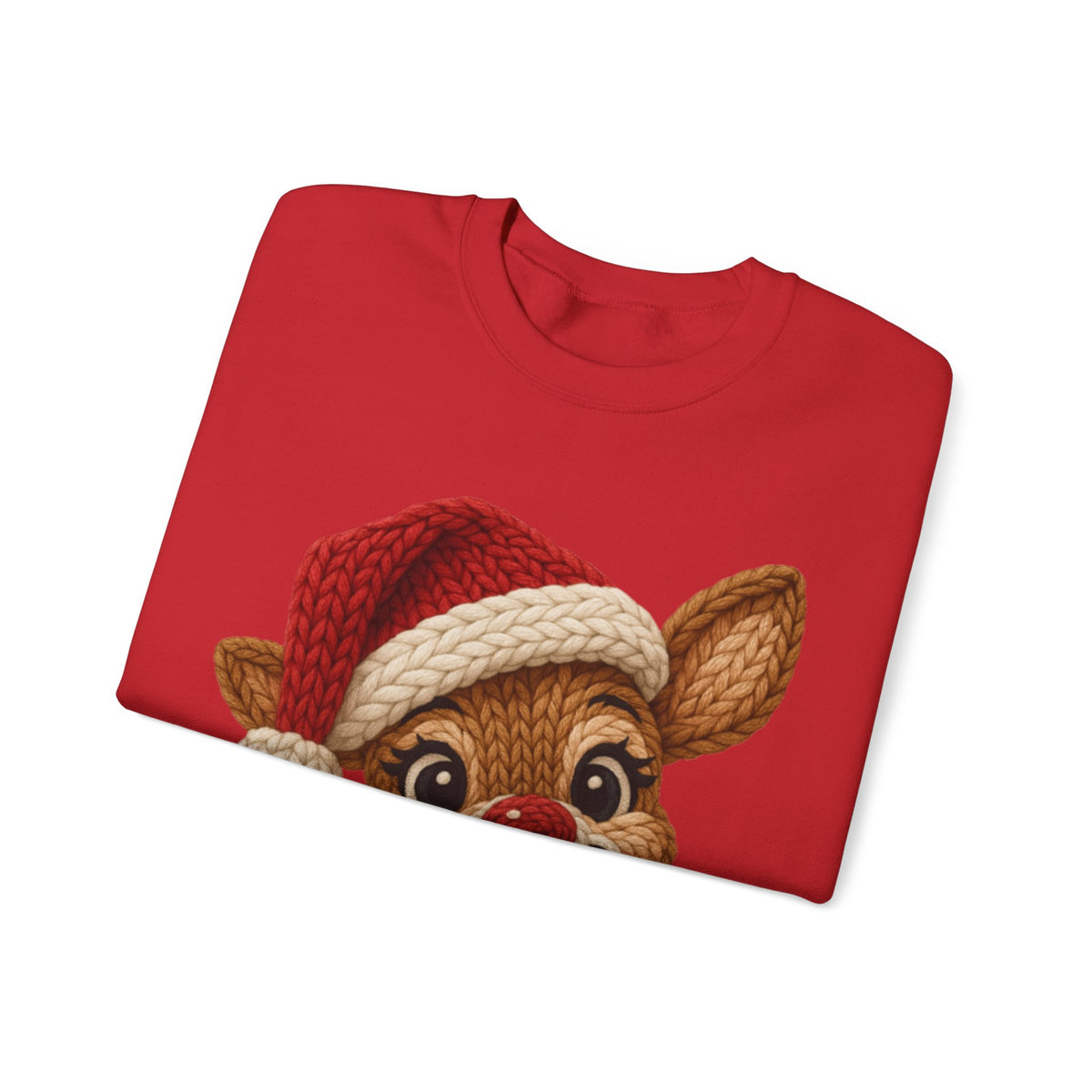 Cute Rudolph Faux Knit Look Reindeer w/Santa Hat – Gildan Heavy Blend | Trendy Women’s Soft Sweatshirt. Direct to Garment. Printed & Shipped in the USA. Unisex Sizes.