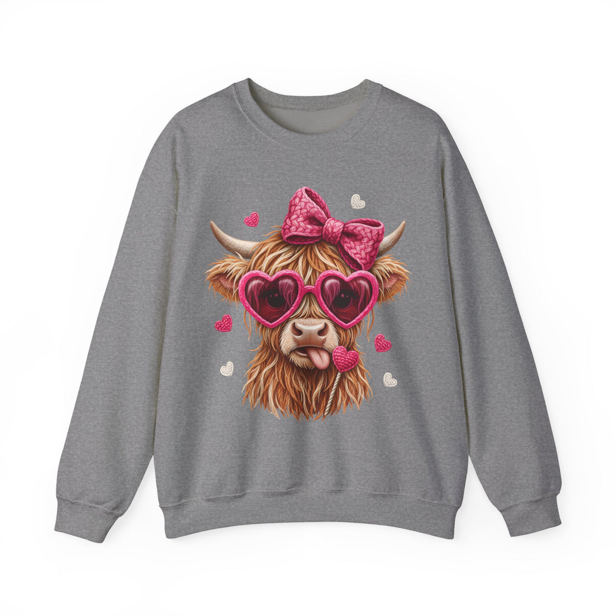 Highland Cow - Pink Heart Shaped Glasses – Gildan Heavy Blend | Trendy Women’s Soft Sweatshirt. Direct to Garment. Printed & Shipped in the USA. Unisex Sizes.