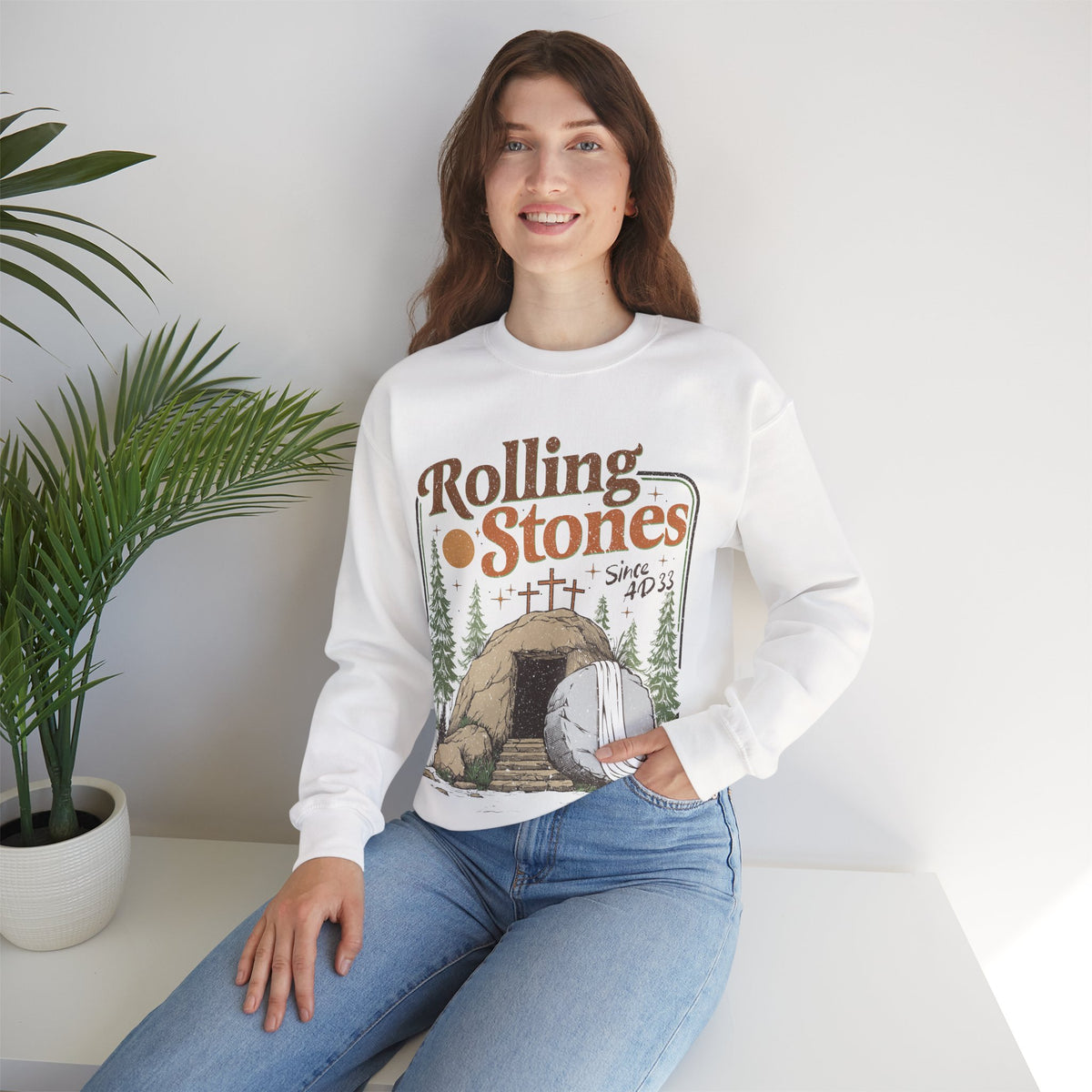 Rolling Stones "Since AD33" Easter Empty Tomb Christian – Gildan Heavy Blend | Trendy Men's and Women’s Soft Sweatshirt. Direct to Garment. Printed & Shipped in the USA. Unisex Sizes.