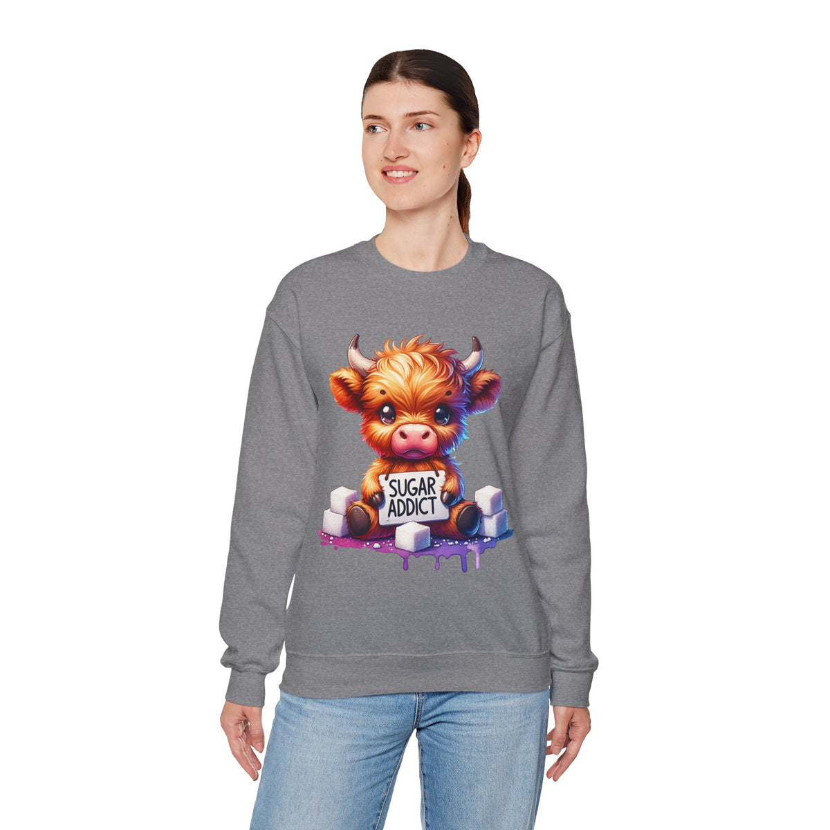 Sugar Addict Highland Cow – Gildan Heavy Blend | Trendy Women’s Soft Sweatshirt. Direct to Garment. Printed & Shipped in the USA. Unisex Sizes.