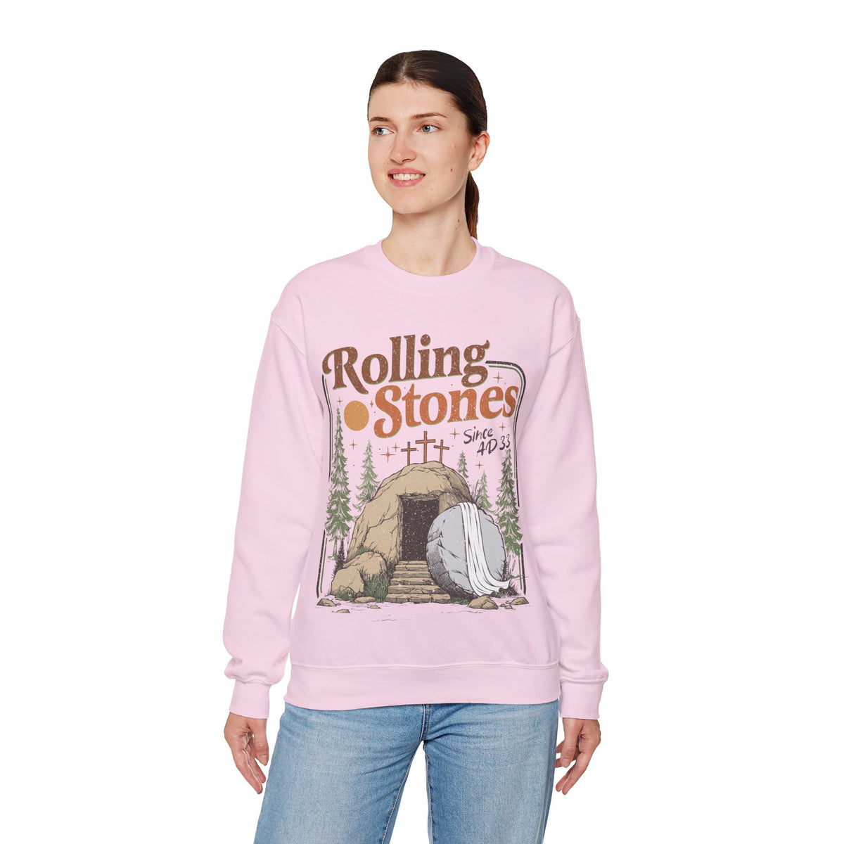 Rolling Stones "Since AD33" Easter Empty Tomb Christian – Gildan Heavy Blend | Trendy Men's and Women’s Soft Sweatshirt. Direct to Garment. Printed & Shipped in the USA. Unisex Sizes.