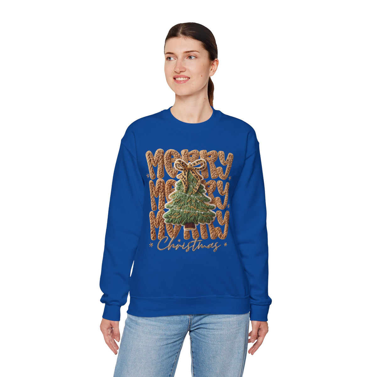 Merry Merry Merry Christmas, Faux Latch Hook Yarn – Gildan Heavy Blend | Trendy Women’s Soft Sweatshirt. Direct to Garment. Printed & Shipped in the USA. Unisex Sizes.