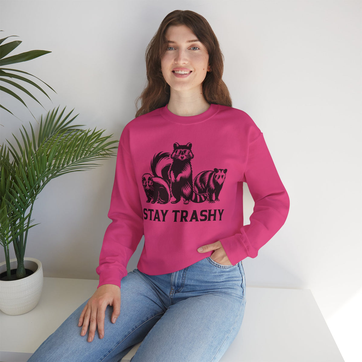 Stay Trashy, Skunk Raccoon Possum – Gildan Heavy Blend | Trendy Women’s and Men's Soft Sweatshirt. Direct to Garment. Printed & Shipped in the USA. Unisex Sizes.