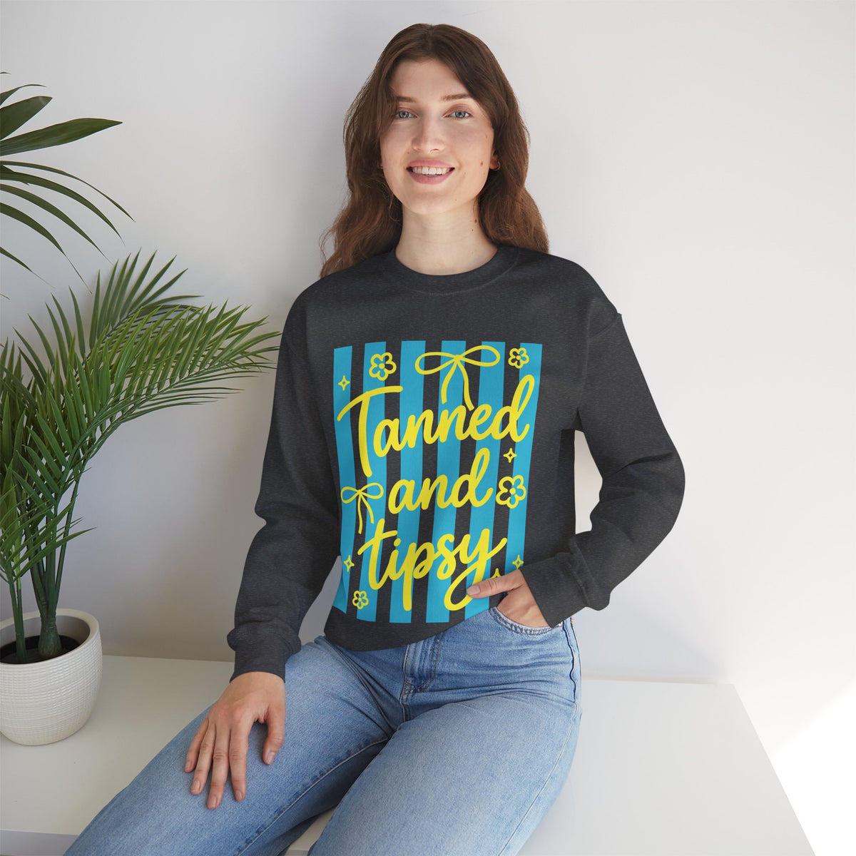 Tanned and Tipsy – Gildan Heavy Blend | Trendy Women’s Soft Sweatshirt. Direct to Garment. Printed & Shipped in the USA. Unisex Sizes.