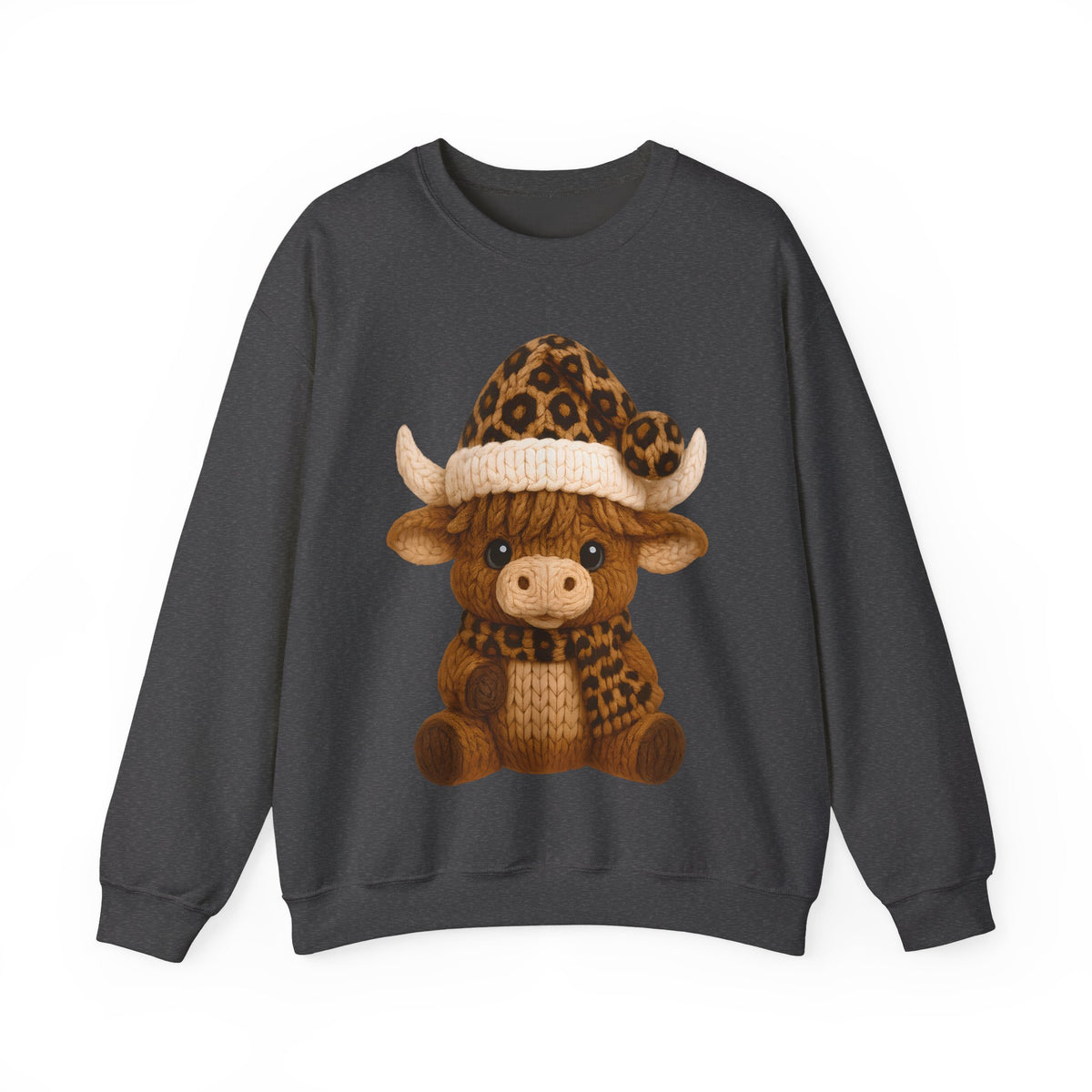 Cute Highland Cow with Leopard Santa Hat Christmas – Gildan Heavy Blend | Trendy Women’s Soft Sweatshirt. Direct to Garment. Printed & Shipped in the USA. Unisex Sizes.