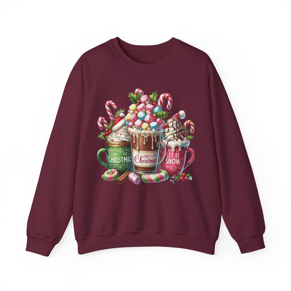 Hot Chocolate Mugs Christmas Hot Cocoa – Gildan Heavy Blend | Trendy Women’s Soft Sweatshirt. Direct to Garment. Printed & Shipped in the USA. Unisex Sizes.