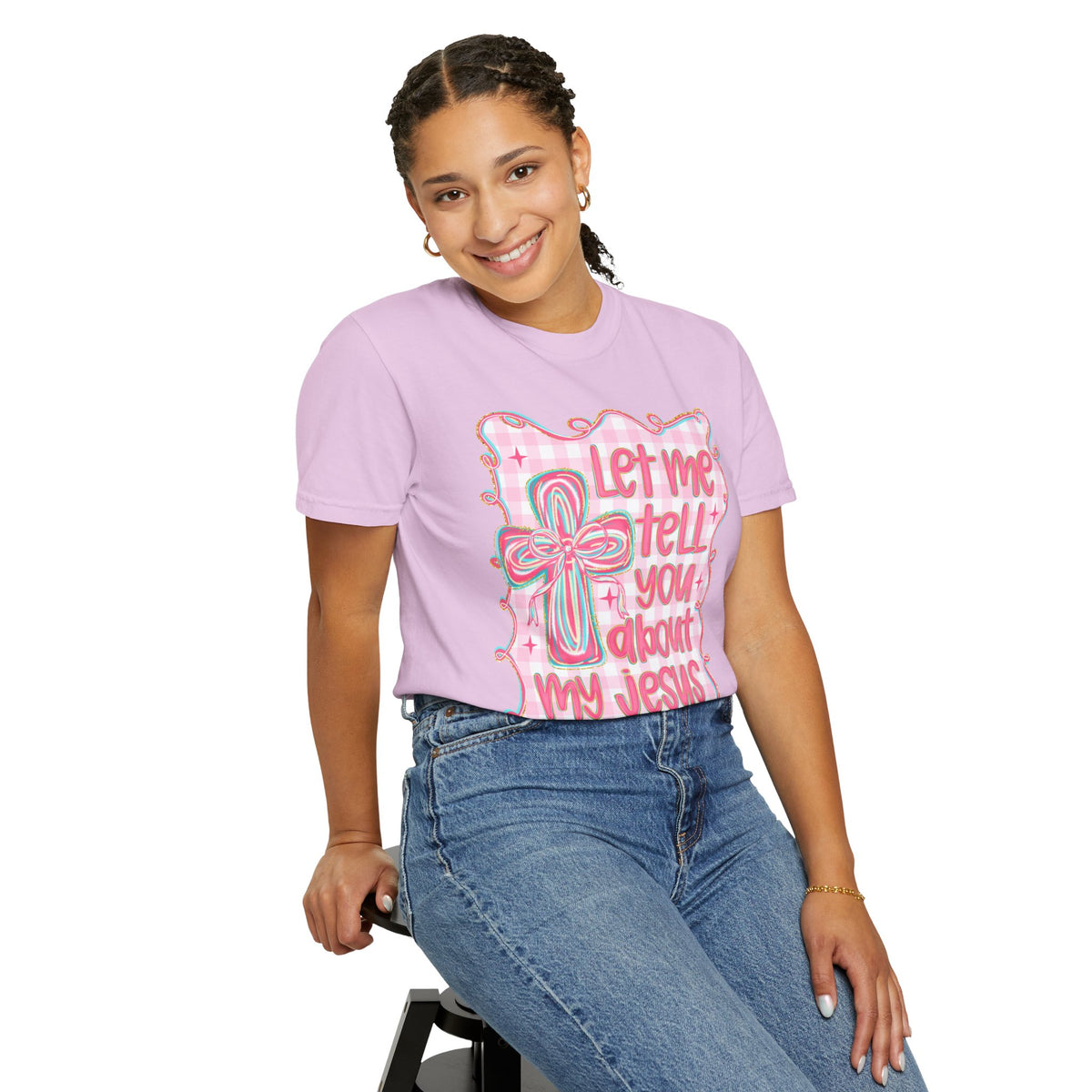 Let Me Tell You About My Jesus, Pink and Green - Comfort Colors | Trendy Women's T-Shirt. Direct to Garment. Printed & Shipped in the USA. Unisex Sizes.