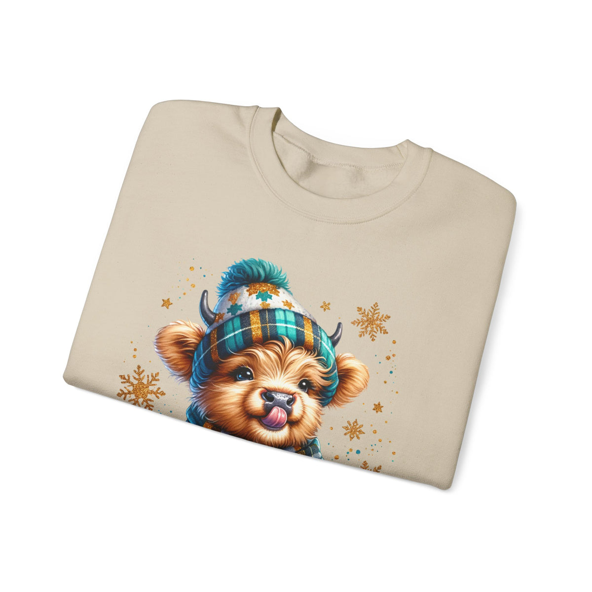 Winter Baby Highland Cow with Cocoa – Gildan Heavy Blend | Trendy Women’s Soft Sweatshirt. Direct to Garment. Printed & Shipped in the USA. Unisex Sizes.